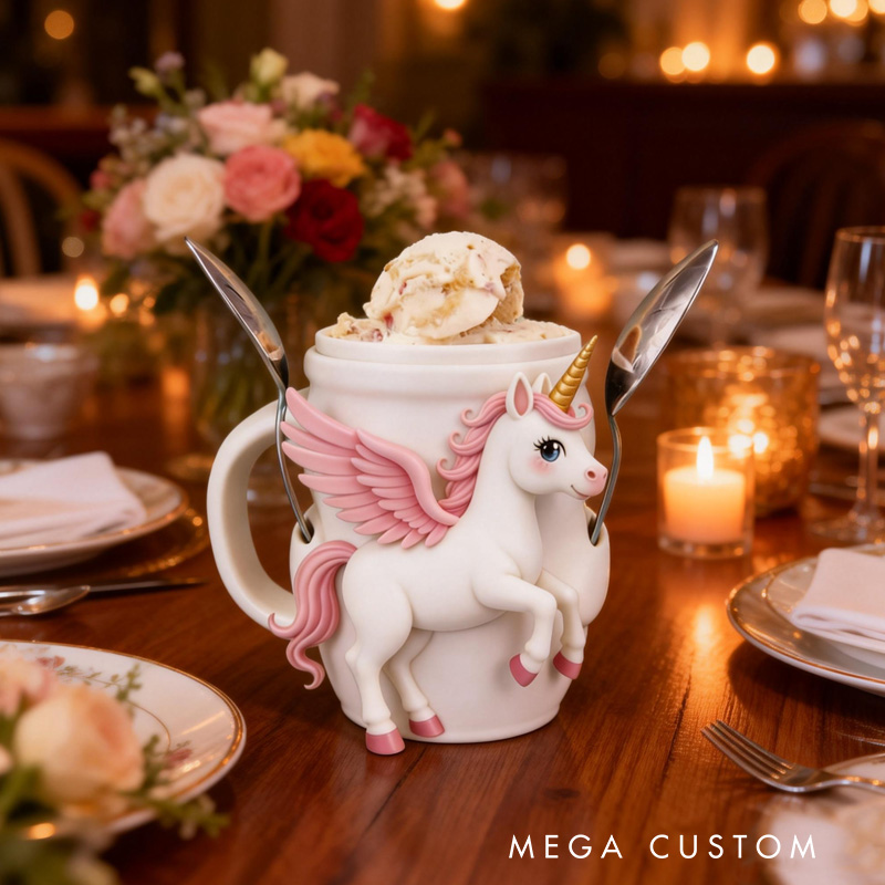Personalized Rainbow Horse Theme Custom Name Cute Pink Winged Rainbow Horse Ice Cream Holder 3D Printed Cozy with Spoon Slot