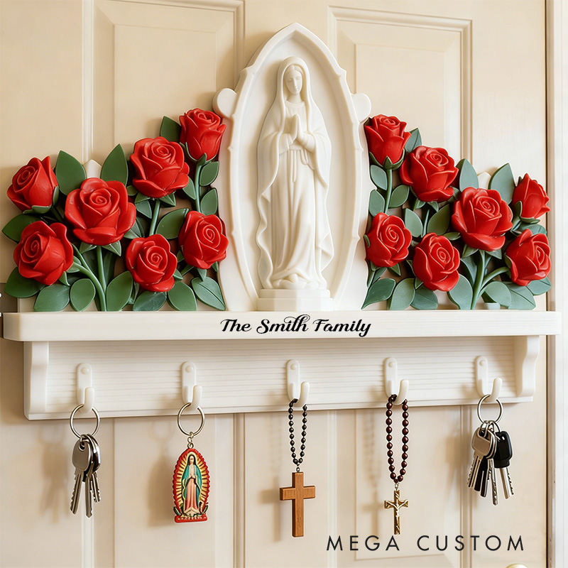 Personalized Our Lady Of Guadalupe Custom Shaped Hanging Rack with Custom Family Name Home Decor Wall Art Key Hanger Religious Gift Catholic Gift 