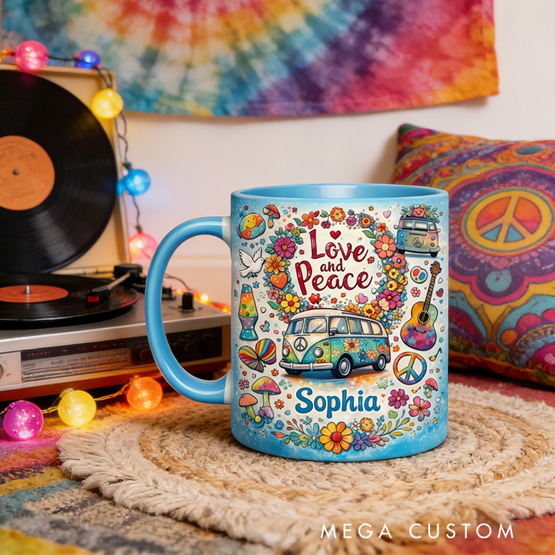 Personalized Hippie Guitar Music Mug Custom Name Colorful Hippie Car Hippie Coffee Mug Bohemian Coffee Mug