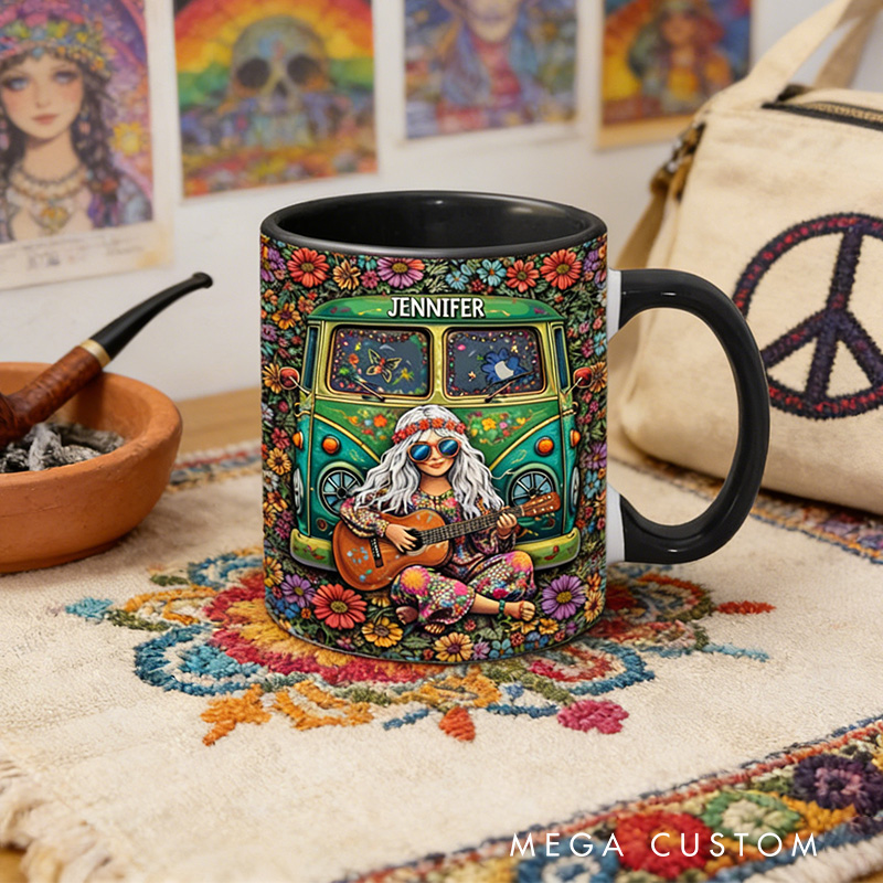 Personalized Flora Hippie Guitar Girl Music Mug Custom Name Colorful Hippie Car Hippie Coffee Mug Bohemian Coffee Mug
