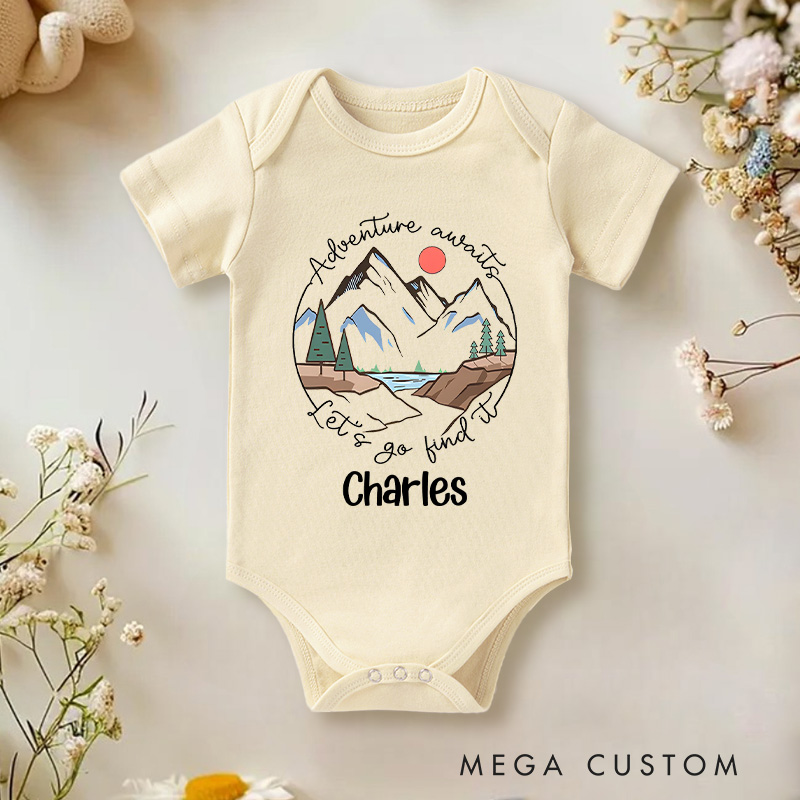 Personalized Adventure Awaits Lets Go Hike Mountain Baby Onesie Baby Shower Gift