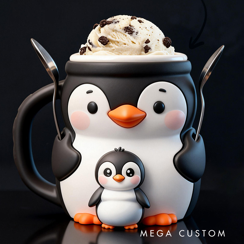 Personalized 3D Printed Penguin Ice Cream Pint Holder Spoon Slots & Snack Drawer Funny Kitchen Decor Cute Animal Gift