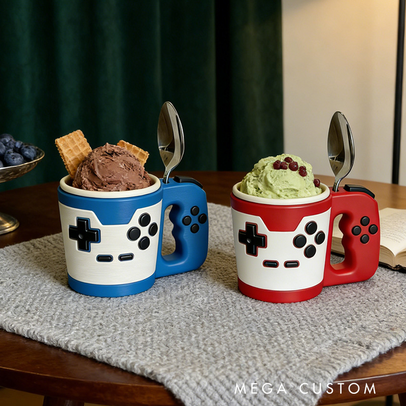 Personalized Couple Vintage Style Controller Gamer Ice Cream Pint Holder with Spoon Slots Eco-Friendly 3D Print for Game Lovers