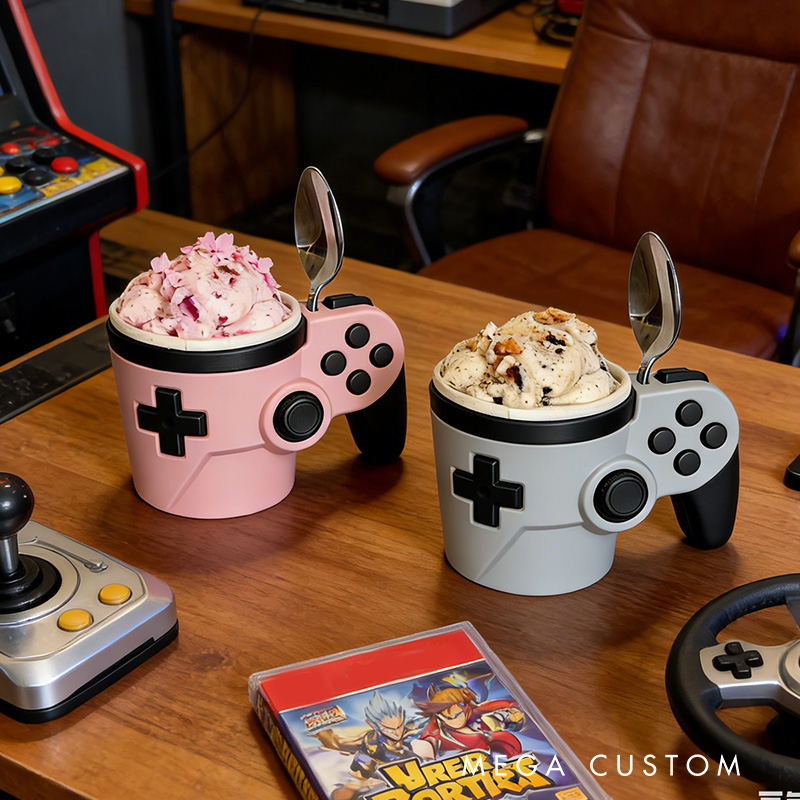 Personalized Couple Morden Controller Gamer Ice Cream Pint Holder with Spoon Slots Eco-Friendly 3D Print for Game Lovers
