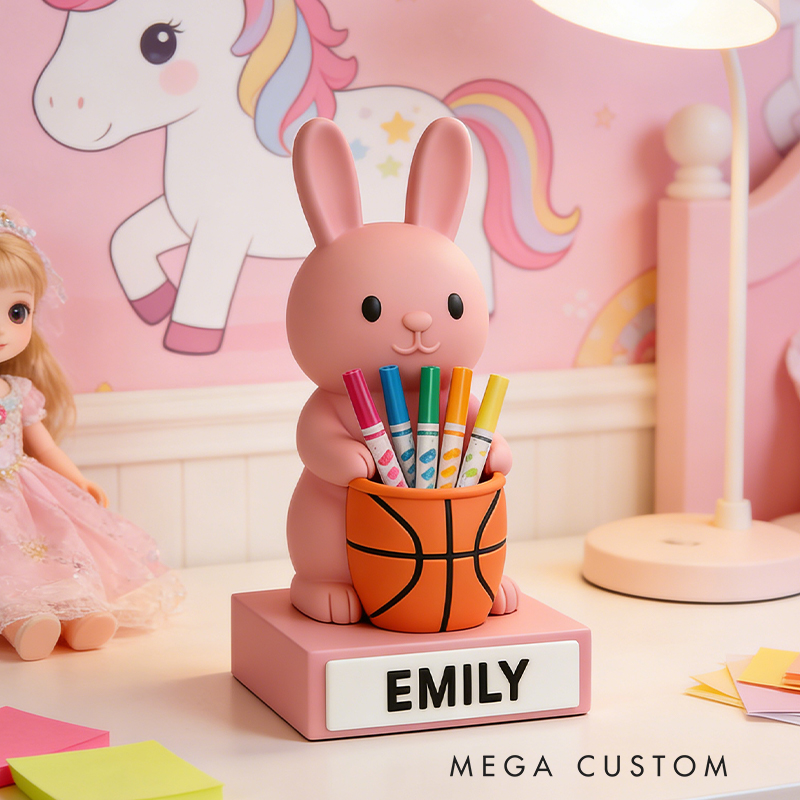 Personalized Basketball Bunny 3D Printed Pen Holder with Custom Name for Kids and Students