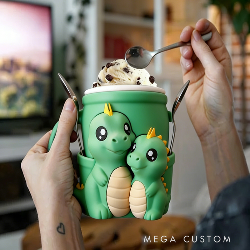 Personalized Adorable Dinosaur Ice Cream Cozy Pint Holder 3D Printed with Spoon Slots & Snack Drawer for Mom Kids Ice Cream Lover