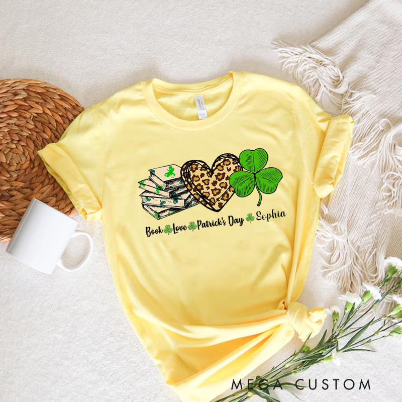 Personalized Book Lover St. Patrick's Day Classic T-Shirts Irish Shamrock Reading Shirt with Name for Book Lover Bookworm Girlfriend Wife Women Gift