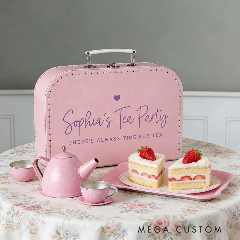 Personalized 15 Piece Tin Tea Set Custom Name Pretend Play Tea Party Toy for Kids Adorable Role-Playing Fun