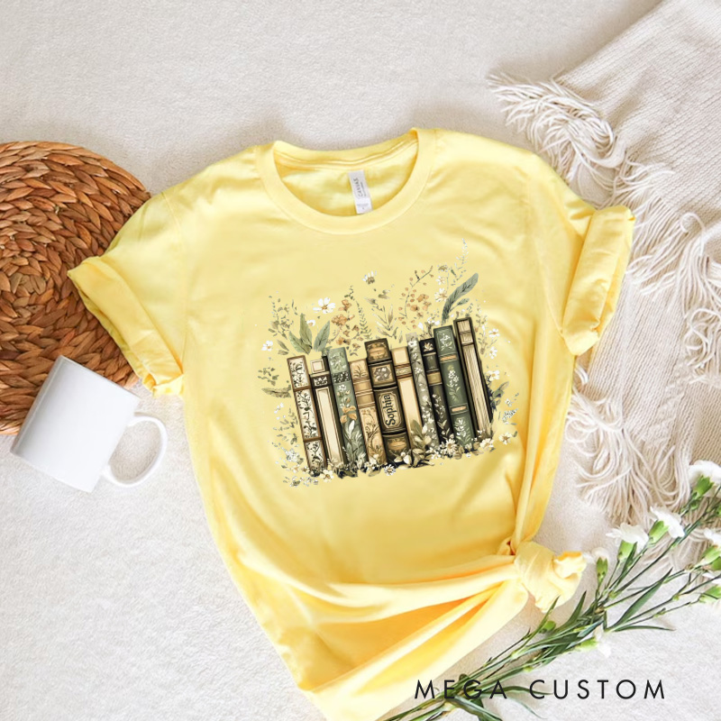 Personalized Flower Books Classic T-Shirts Floral Book Shirt with Name Librarian Tee for Book Lover Bookworm Girlfriend Wife Women Gift
