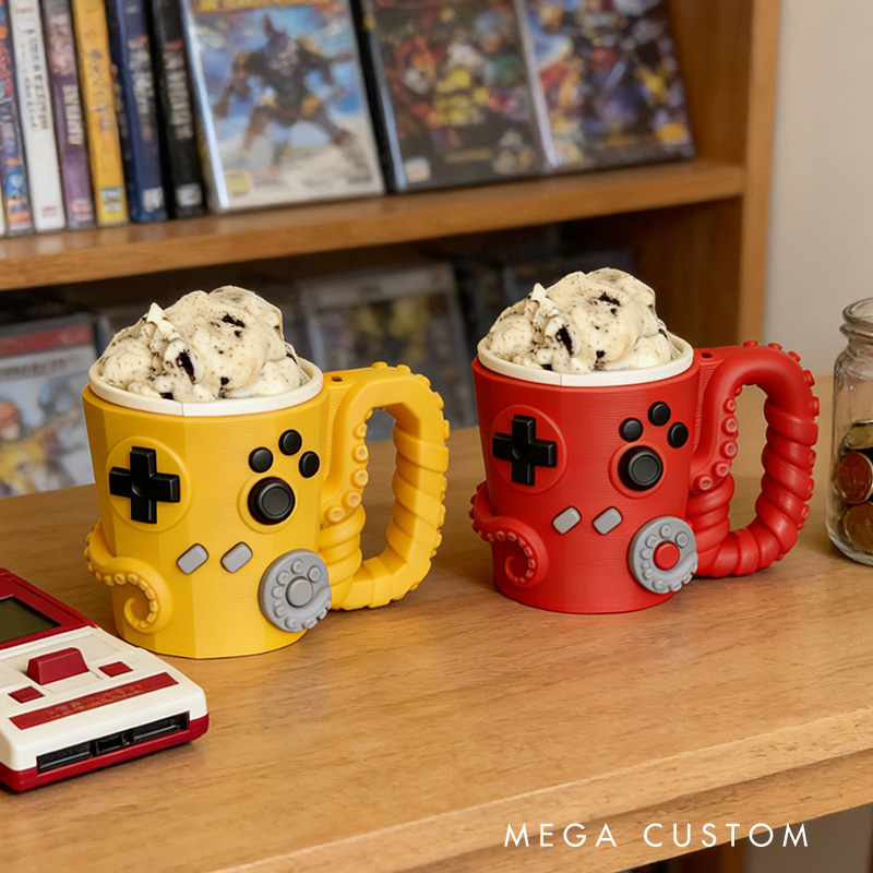 Personalized Couple Octopus Controller Gamer Ice Cream Pint Holder with Spoon Slots Eco-Friendly 3D Print for Game Lovers