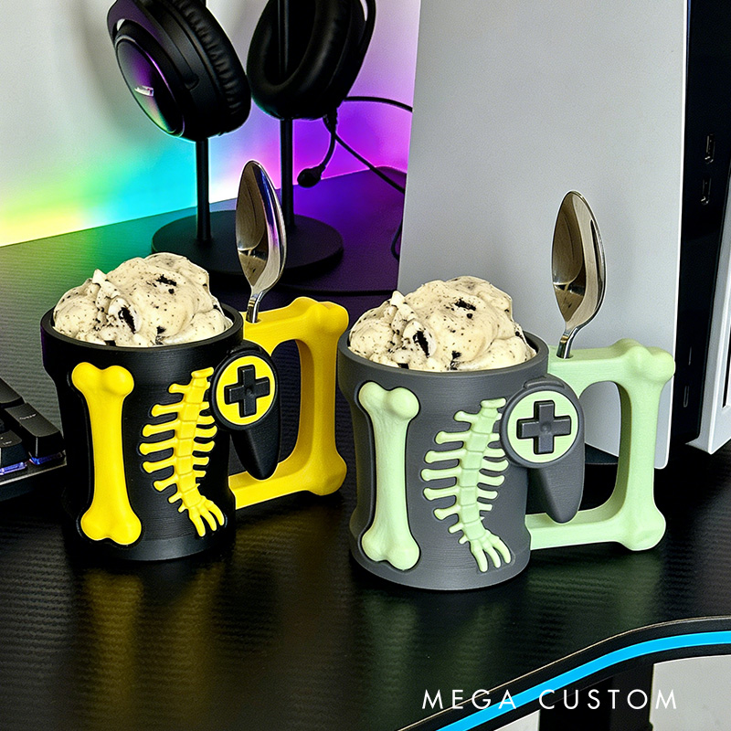 Personalized Couple Dinosaur Bone Controller Gamer Ice Cream Pint Holder with Spoon Slots Eco-Friendly 3D Print for Game Lovers