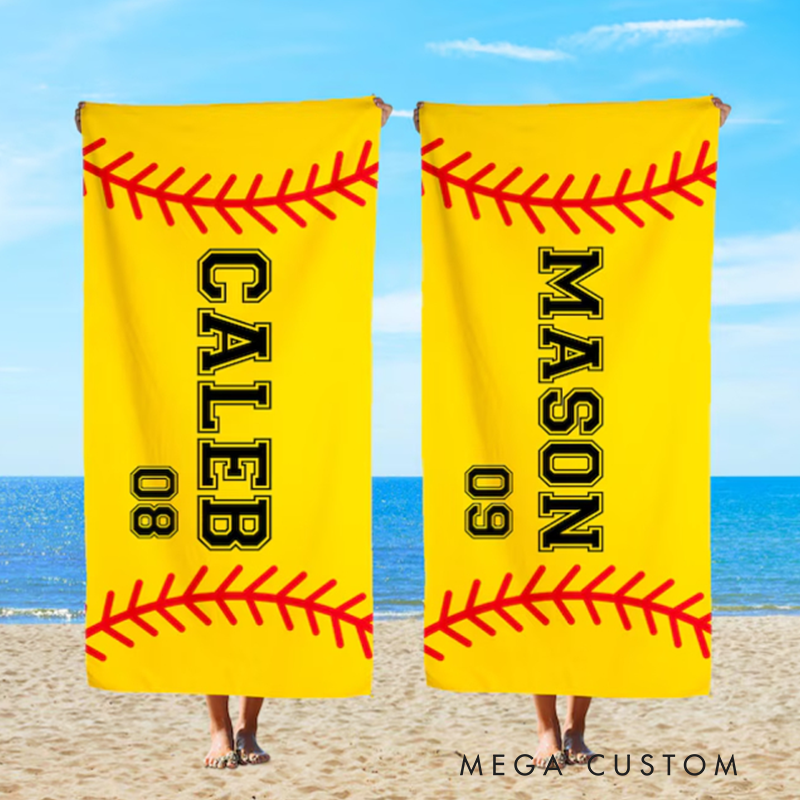 Personalized Softball Beach Towel with Custom Name Number and Bold Red Stitch Design Perfect for Fans Players and Outdoor Activities