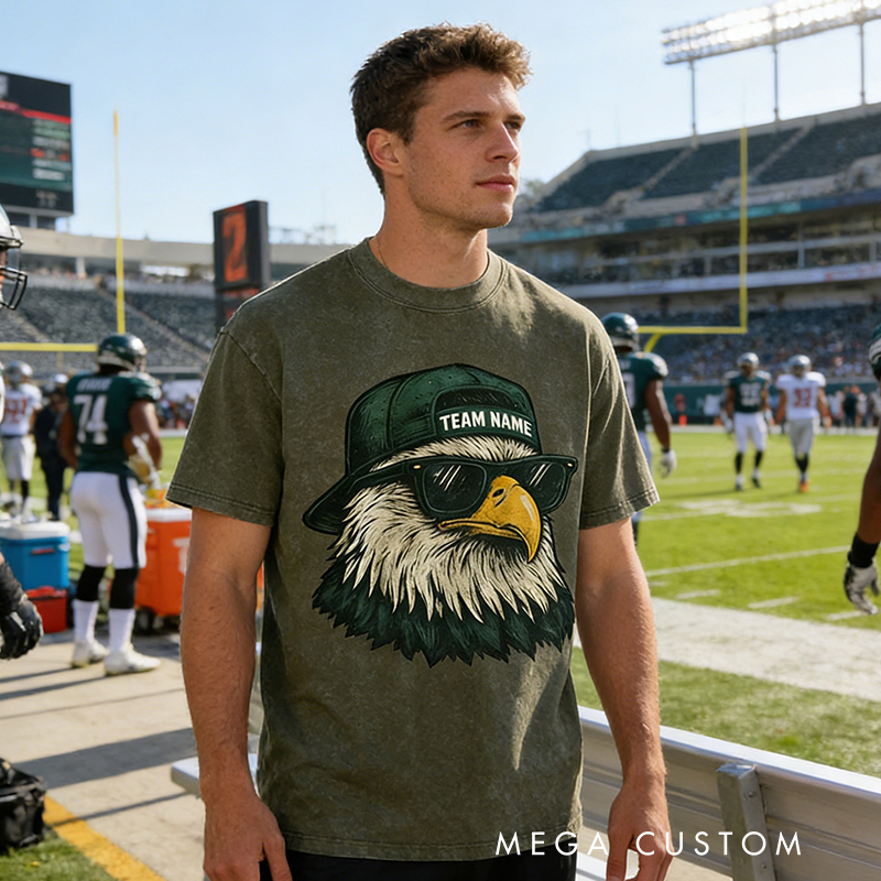 Personalized Football Mascot Washed T-Shirt with Cool Eagle Design and Custom Team Name