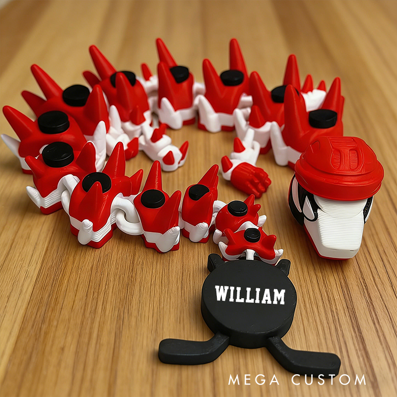 Personalized Ice Hockey Articulated Dragon Toy with Customizable Name Design