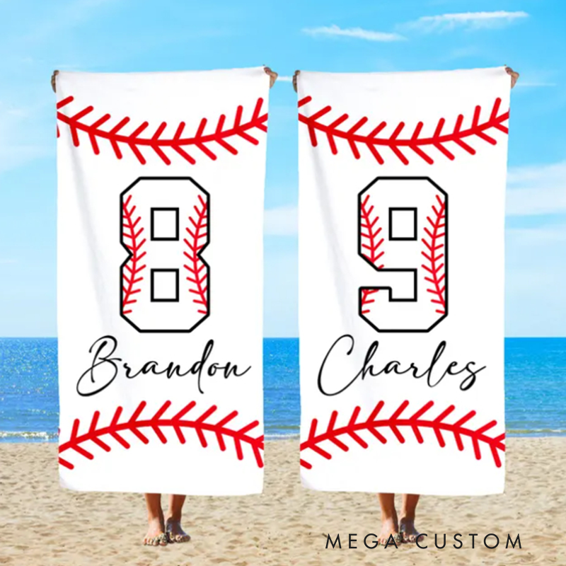 Personalized Baseball Beach Towel with Custom Name Number and Red Stitch Pattern Design Perfect for Fans Players and Outdoor Activities