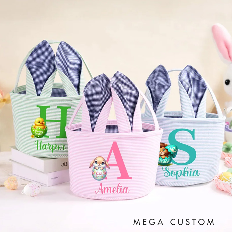 Personalized Multi-Color Cute Animal Bunny Ears Easter Basket with Name and Initial Daily Use Holiday Party Easter Gift for Children