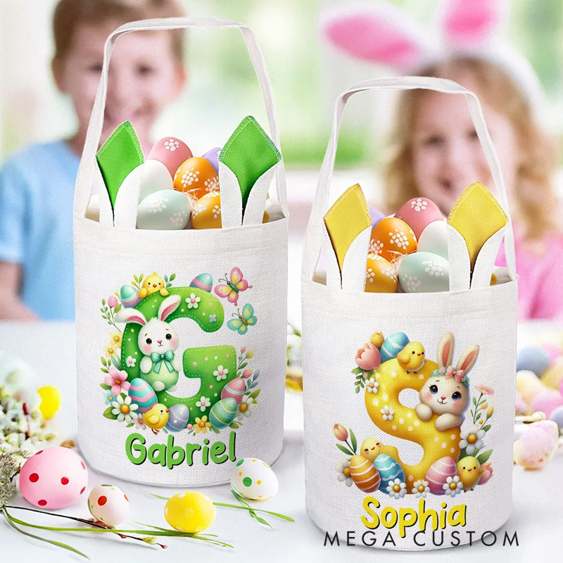 Personalized Cartoon Easter Bunny Ears Large Capacity Basket with Name and Initial Easter Eggs Hunting Party Easter Gift for Kids