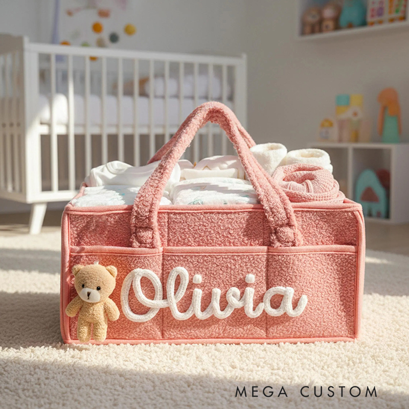 Personalized Plush Baby Storage Basket Soft Bin Side Pockets Custom Nursery Organizer with Bear