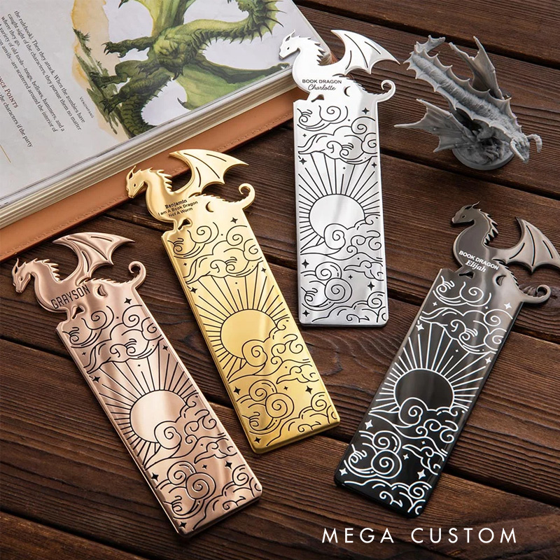 Personalized Book Dragon Sun Cloud Pattern Bookmark with Name and Text Birthday Gift for Book Lover Reader Bookworm Bookish