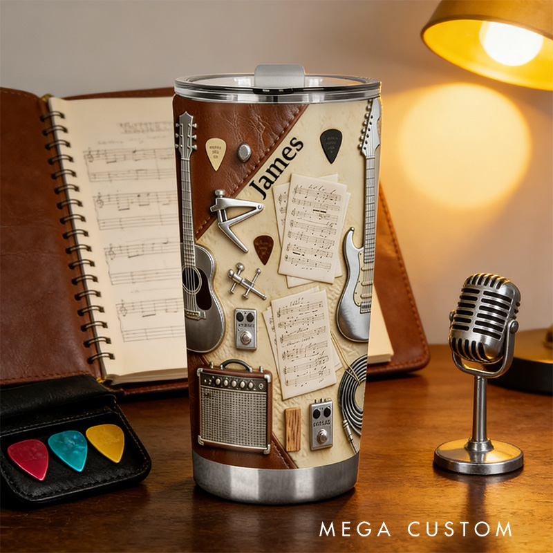 Personalized 2D Flat Vintage Music Notes 20oz Tumbler Custom Guitar Themed Tumbler for Music Lovers