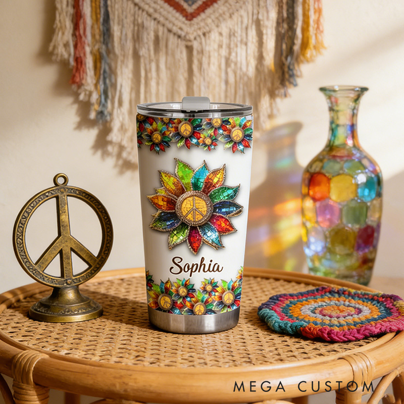 Personalized 2D Flat Flower Melody 20oz Tumbler Custom Hippie Themed Tumbler for Music Lovers