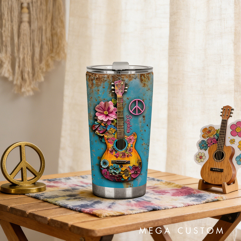 Personalized 2D Flat Peaceful Guitar Vibes 20oz Tumbler Custom Hippie Themed Tumbler for Music Lovers
