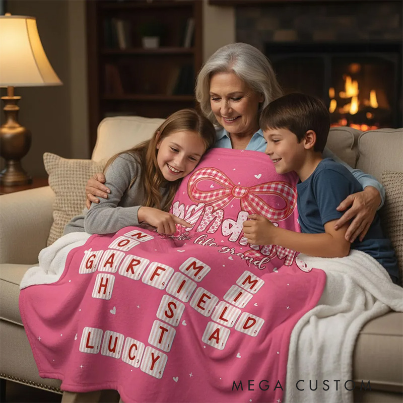 Personalized Grandkids Make Life Grand Blanket Preppy Valentine Pattern Crossword Puzzle Art Valentine's Day Gift for Grandma