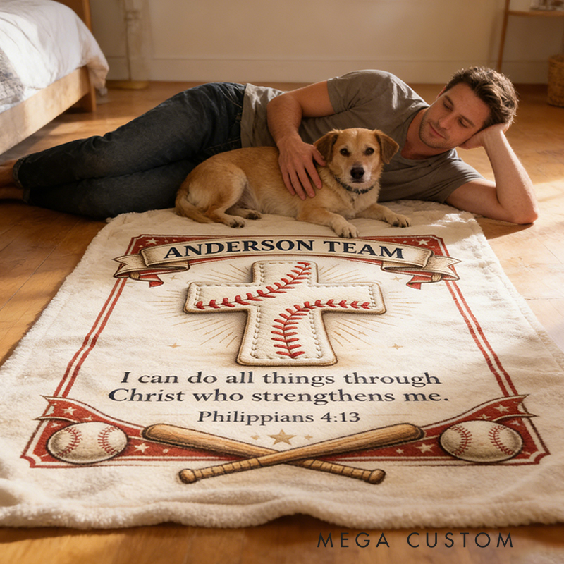 Personalized Baseball Blanket with Family Name and Inspirational Verse for Sports Enthusiasts and Believers Alike