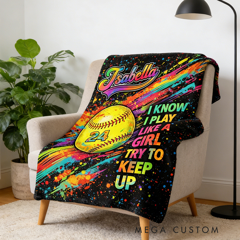 Personalized Softball Blanket with Custom Name and Jersey Number for Girls Who Love the Game
