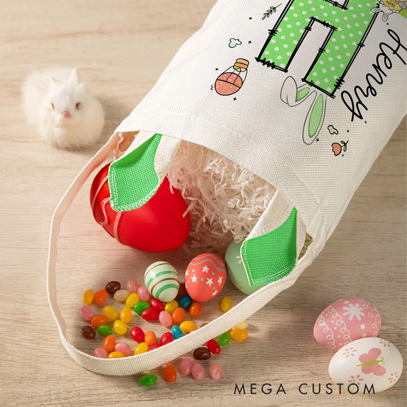 Personalized Easter Bunny Carrot Eggs Large Capacity Basket with Name and Initial Easter Eggs Hunting Party Favors Gift for Boys Girls