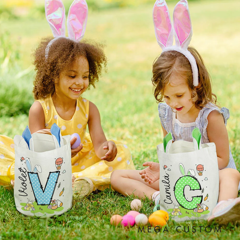 Personalized Easter Bunny Carrot Eggs Large Capacity Basket with Name and Initial Easter Eggs Hunting Party Favors Gift for Boys Girls