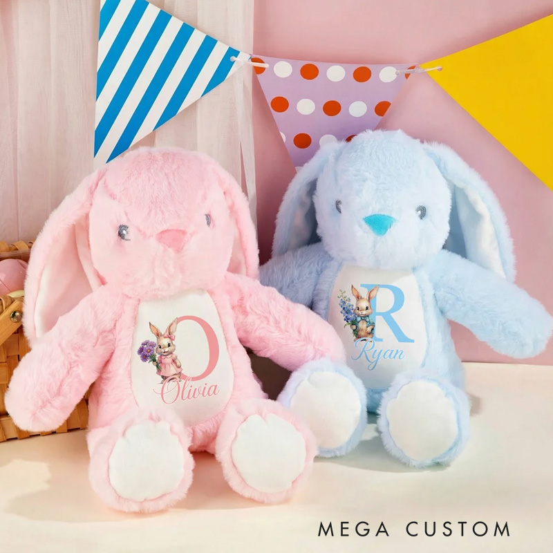 Personalized Cute Rabbit Plush Easter Bunny Stuffed Toy with Initial Name and Birth Flower Easter Gift for Newborns Kids