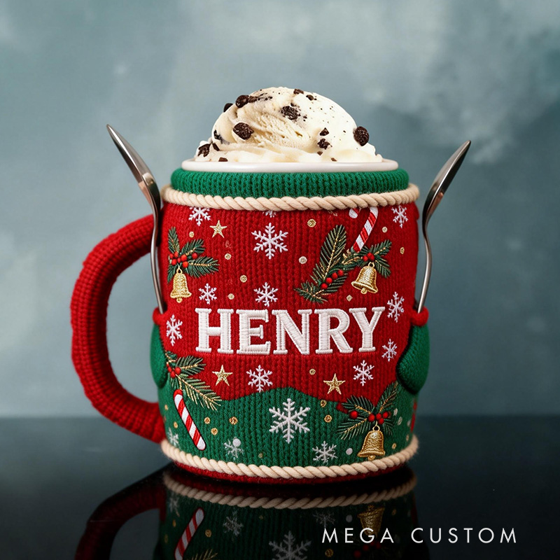 Personalized Knit Ice Cream Cozy Holder with Spoon Slots Gift for Mom Kids Ice Cream Lover