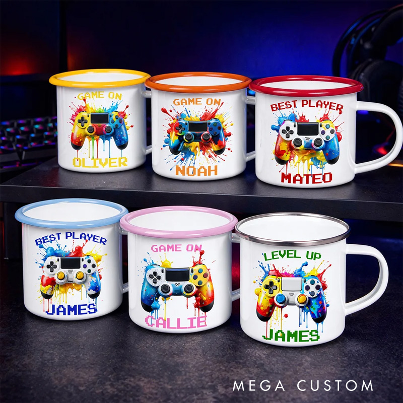 Personalized Watercor Ink Splash Controller 12oz Enamel Mug with Initial and Name Back to School Birthday Game Lover Gift for Kids