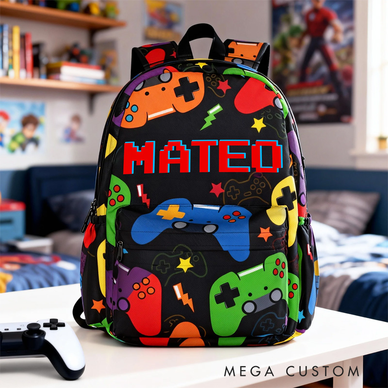 Personalized Game Controller Pattern Backpack with Name and Initial Back to School Game Lover Gift for Boys Girls