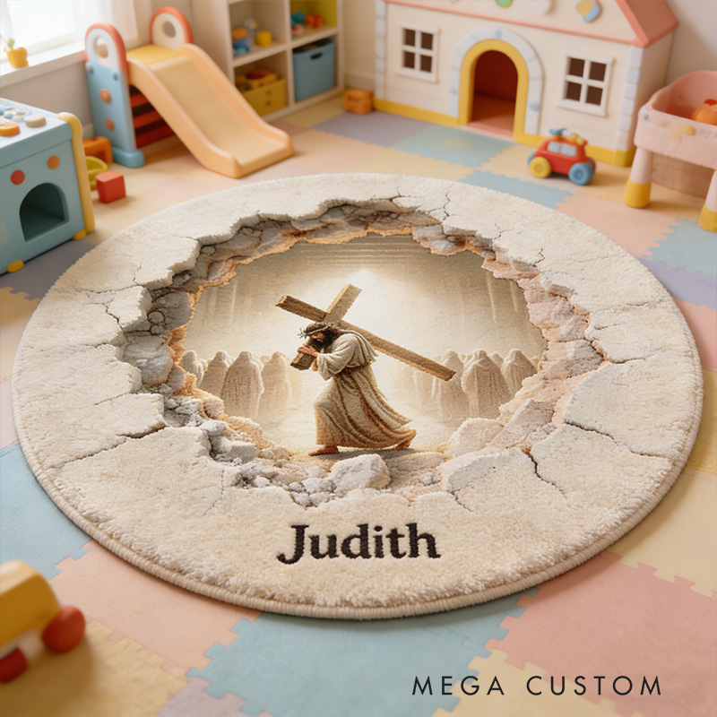 Personalize Beautiful 3D-Look Jesus Carrying Cross Rug with Custom Name Home Decor Religious Rug for Prayer Spaces Faith Gift Religious Christian Gift