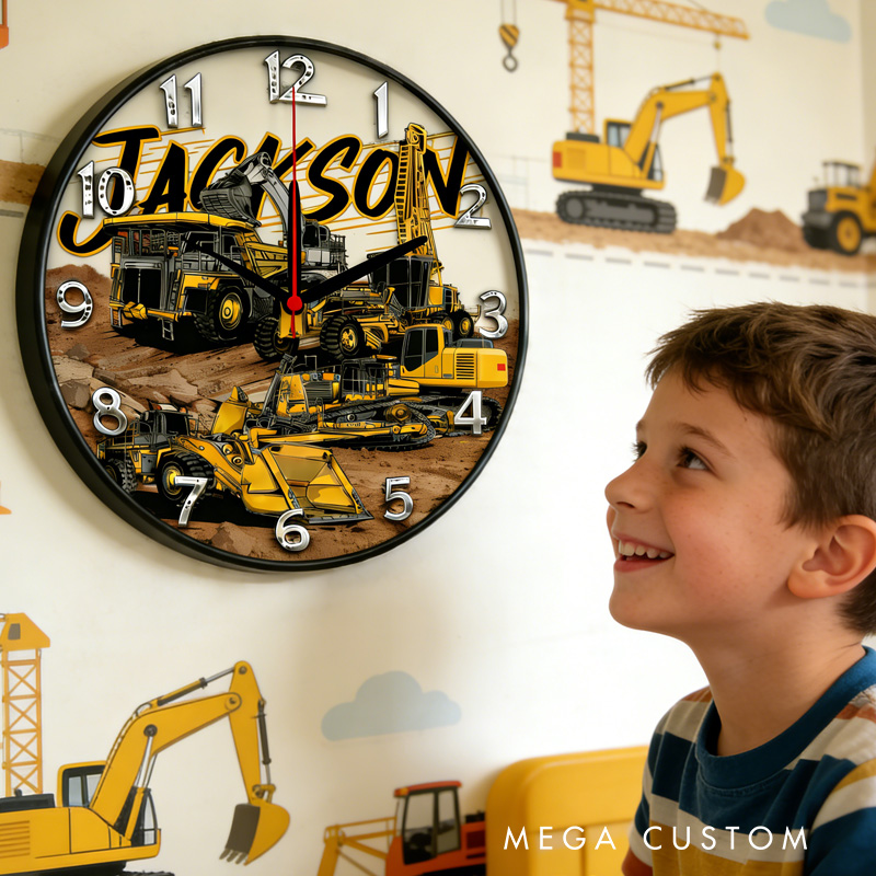 Personalized Unique Custom Name Heavy Equipment Builder Style Boys Bedroom Decor 3D Printed Wall Clock