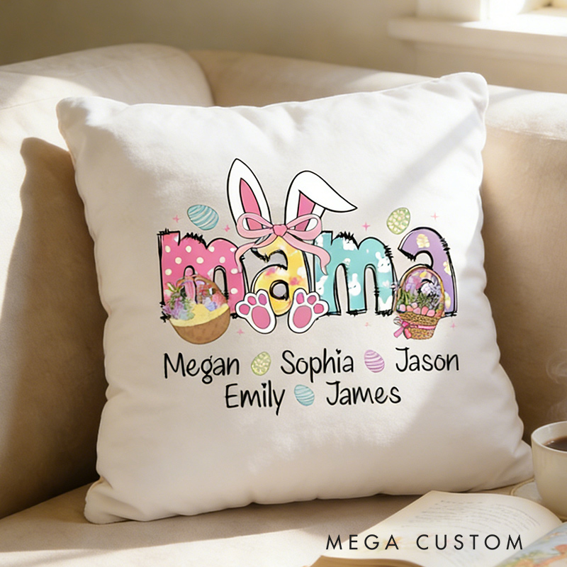 Personalized Mama Easter Pillow with Kids Names Custom Double Side Bunny Pillow Easter Gift for Mom Kids
