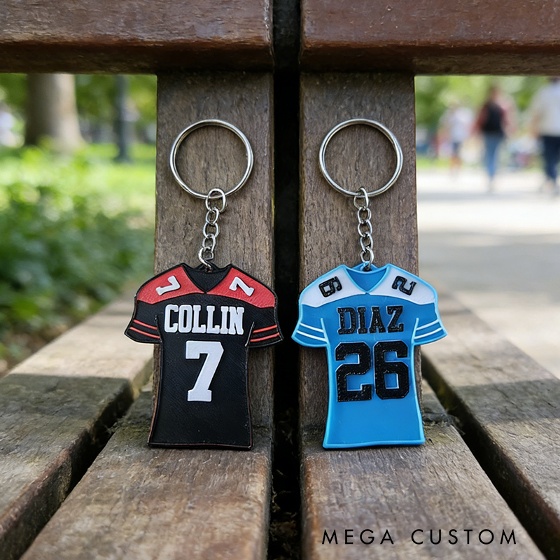 Personalized Football Jersey Keychains Featuring Custom Names and Numbers Design