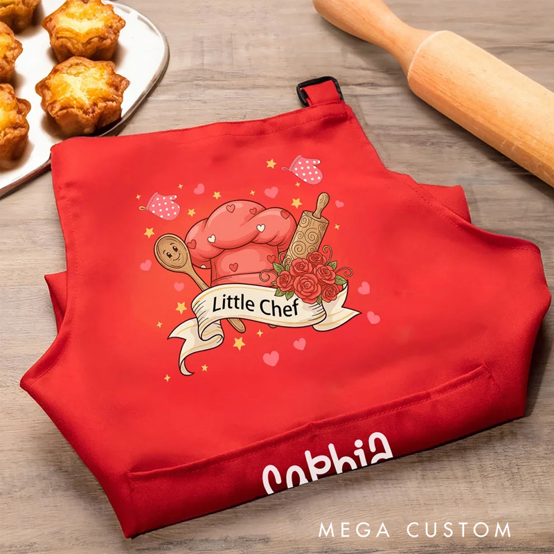 Personalized Little Chef Adjustable Kid Apron Chef Hat Set with Name and Pocket Cooking Accessory Birthday Valentine's Day Gift for Boys Girls