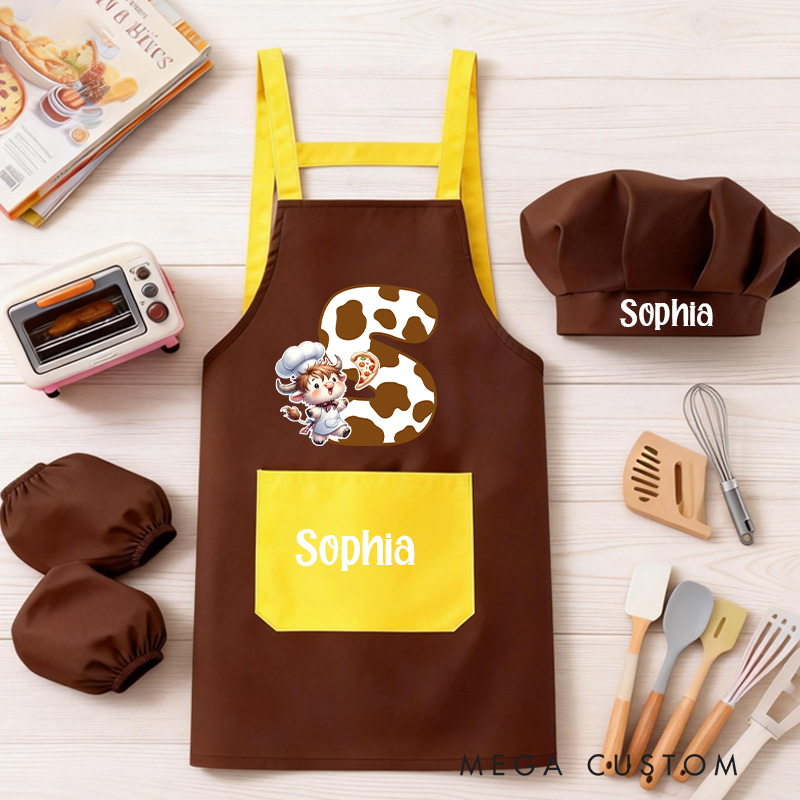 Personalized Highland Cow Kid Baking Apron with Name Initial Set of 3 Waterproof Apron with Hat Sleeve Birthday Gift for Kids