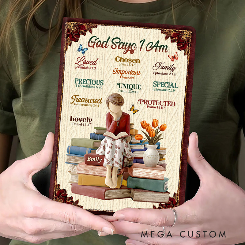 Personalized God Says I Am Leather Cover Notebook with Custom Name and Birth Flower Biblical Affirmations Journal Religious Christian Gift for Women