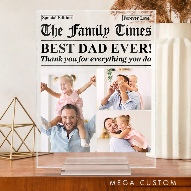 Personalized Vertical Rectangle Acrylic Plaque Custom Photo Best Mom Dad Ever Newspaper Theme Mother's Day Gift Father's Day Gift