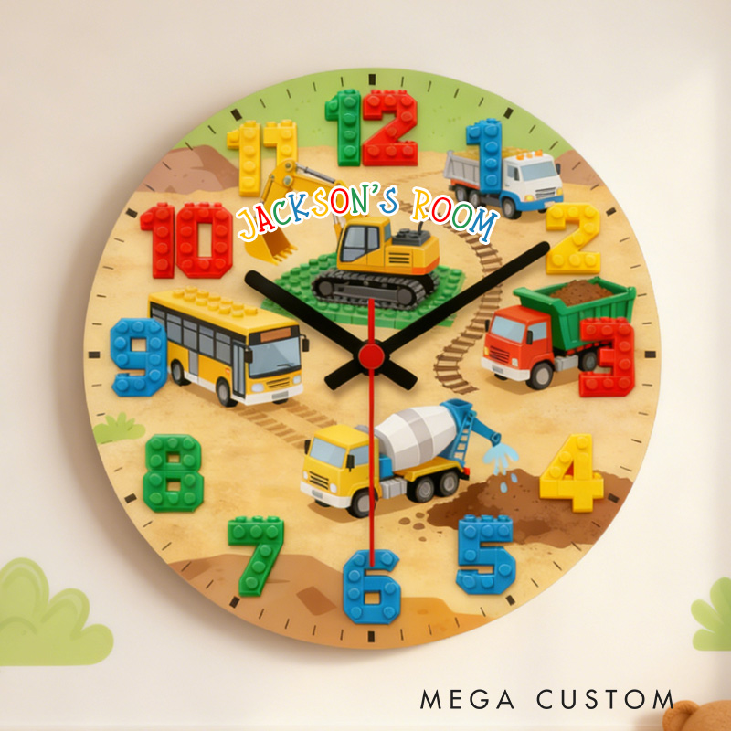Personalized Unique Custom Name Building Blocks Vehicle Theme Boys Bedroom Decor 3D Printed Wall Clock