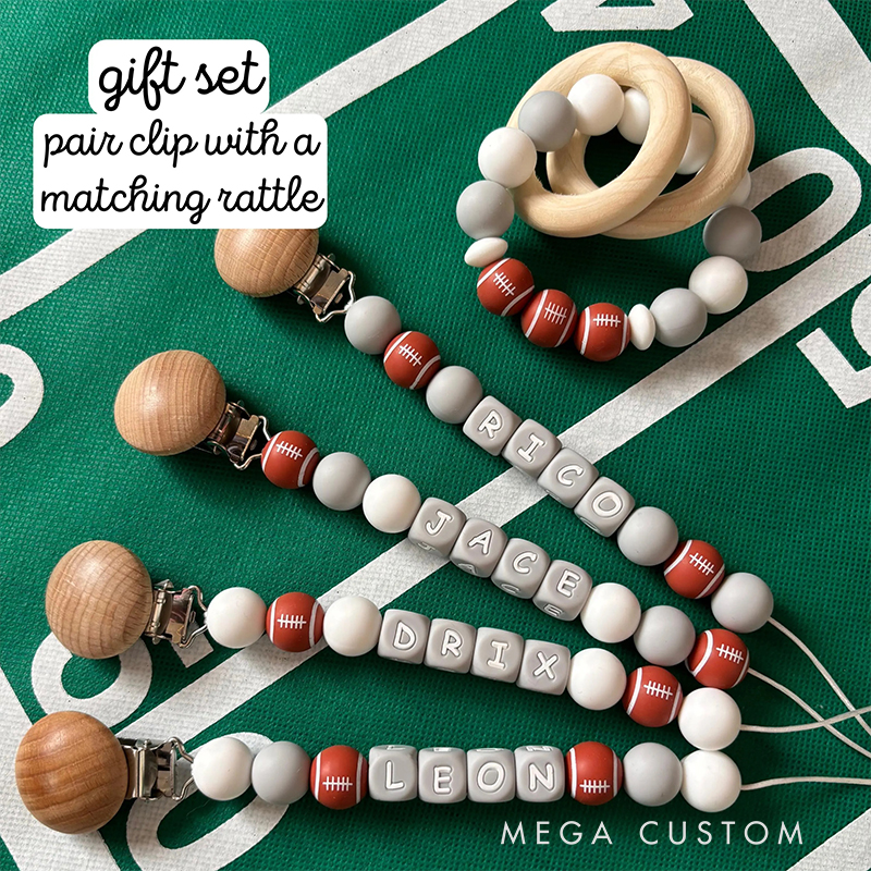 Personalized Football Pacifier Clip Add Newborn Baby Boy or Girl Name Custom Baby Shower New Football Mom Gift
