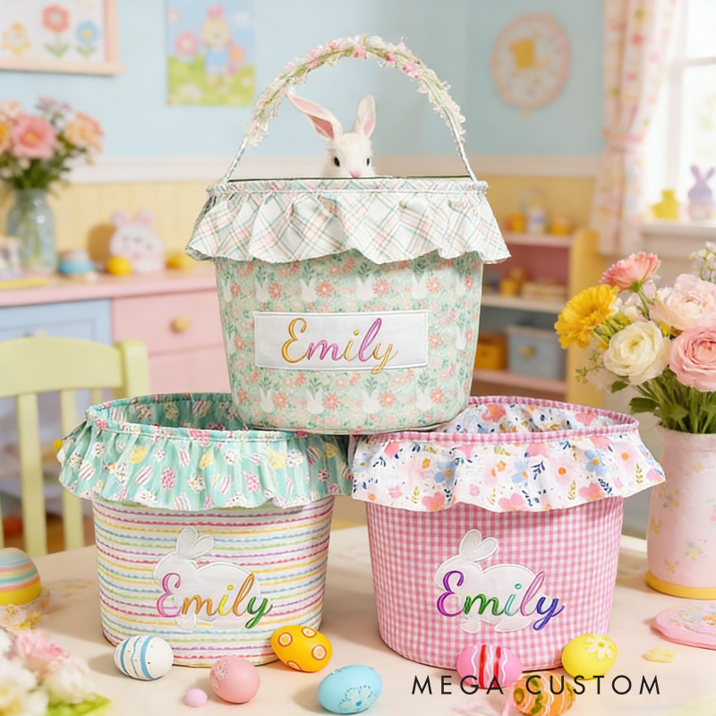 Personalized Unique Custom Name Adorable Rabbit Surrounded by Flowers Kids Holiday Treat Holder Easter Basket