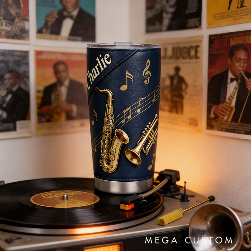 Personalized 2D Flat Golden Jazz Harmony 20oz Tumbler Custom Saxophone Themed Tumbler for Music Lovers