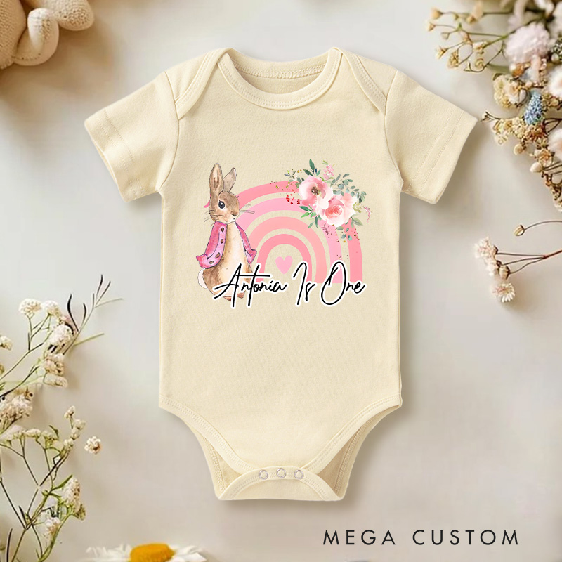 Personalized Rabbit Rainbow 1st Birthday Bodysuit Baby Onesie Funny Baby Girl Gift