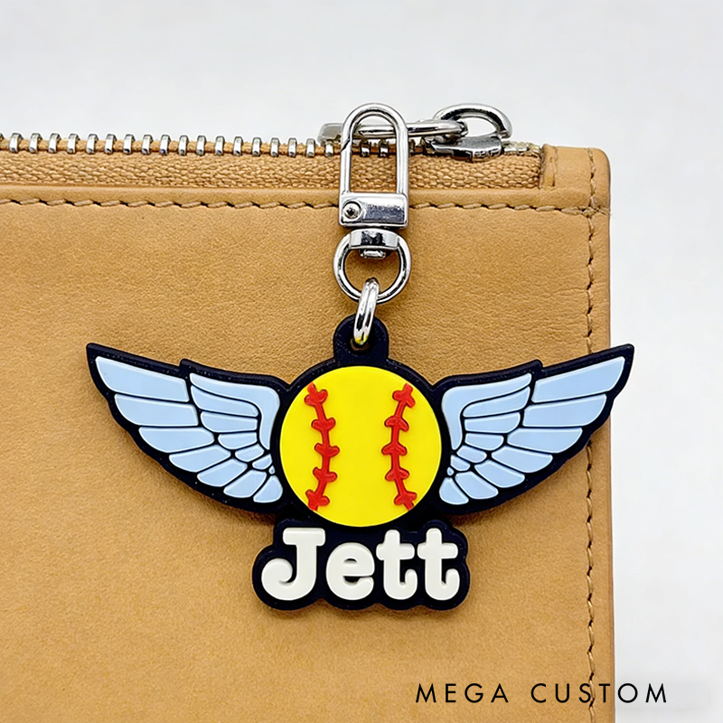 Personalized Winged Softball Keychain with Custom Name Design