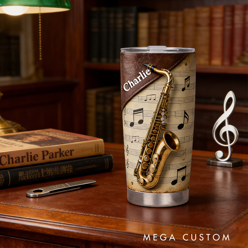 Personalized 2D Flat Golden Melody 20oz Tumbler Custom Saxophone Themed Tumbler for Music Lovers